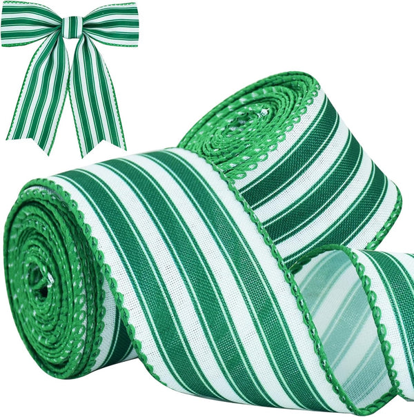 TONIFUL 2 Rolls Green Striped Wired Ribbon, 2 Inch, Green and White for Gift Wrapping, Bows Making, Party Decoration