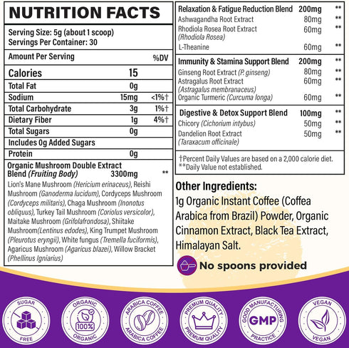 Syokupoe 11 8 Immune 30 Mushroom Coffee Organic, Mushrooms + Adaptogenic Herb Mushroom Coffee for Focus, Energy