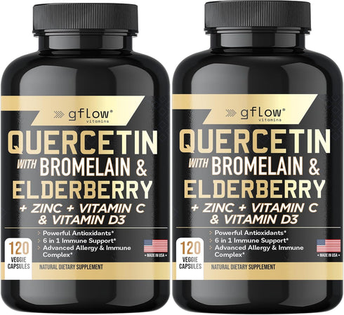 Quercetin with Vitamin C and Zinc - 500mg Quercetin with Bromelain - 120 Veggie Caps, Elderberry with Zinc & Vitamin C