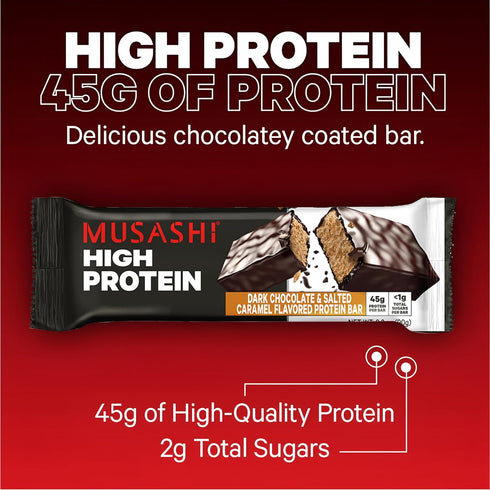 MUSASHI High Protein Bar, Dark Chocolate & Salted Caramel, 45g Protein, <1g Total Sugars, 12 Pack of 3.2oz Bars