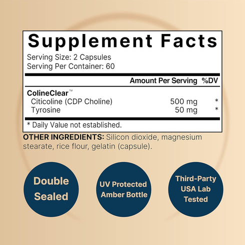 NatureBell Citicoline Supplements, 120 Capsules - CDP Choline 500mg Plus Tyrosine 50mg, Dual Action Brain Supplement