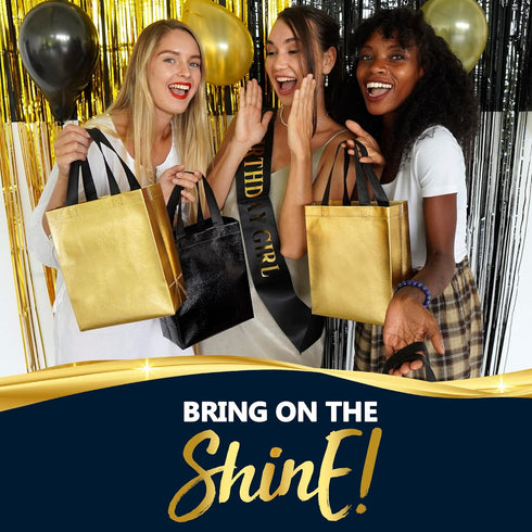Nush Nush Black & Gold Gift Bags, Medium Size Set of 12 Reusable Bags for Birthday, Anniversary, Graduation