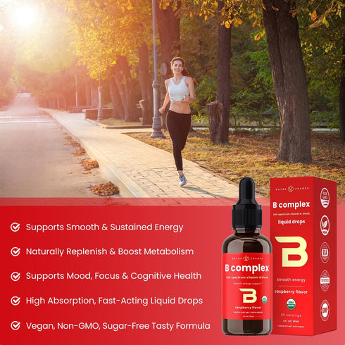 USDA Organic Vitamin B Complex Liquid Drops | B Vitamins Supplement with B1, B2, B3, B6, B7, B9 & Methyl B12