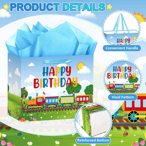 Yomaiha 11.8'' Train Birthday Gift Bag with Greeting Card and Tissue Papers, Train Birthday Gift Wrapping Paper Bag