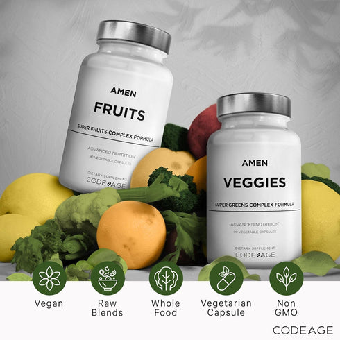 Amen Fruits + Veggies Vitamins Bundle - Raw Whole Food Multivitamin Capsules, Non-GMO, 180 ct, Greens & Red Fruits