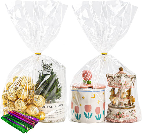NPLUX 50 Pack Cellophane Bags, Clear Flat Bottom Treat Bags with Twist Ties for Candy, Gift Wrapping