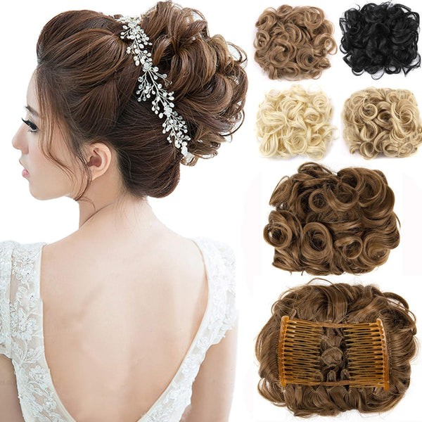 Messy Curly Hair Bun Extensions - Updo Hairpiece Chignons, Easy Stretch Hair Combs Clip in Ponytail Extensions