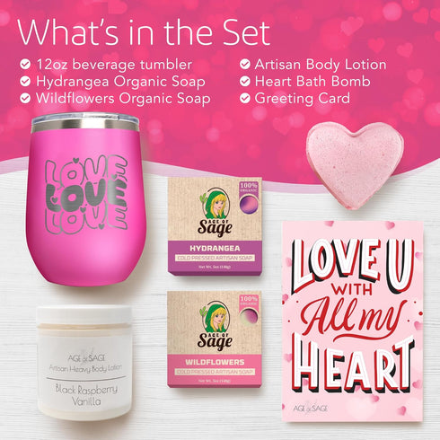 LOVE Box Spa Gift Set for Women - 6pcs Self Care Kit with Lotion, Soap, Bath Bomb, Pink Tumbler - Spa Gift Baskets