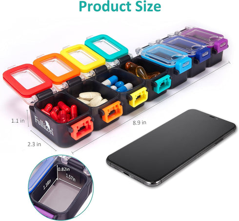 Fullicon Weekly Pill Organizer, 7 Day Moisture Proof Daily Pill Box, Compact Travel Container for Vitamins (Rainbow