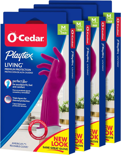 Playtex Living Medium Reusable Rubber Cleaning Gloves (4 Pairs), Premium Protection