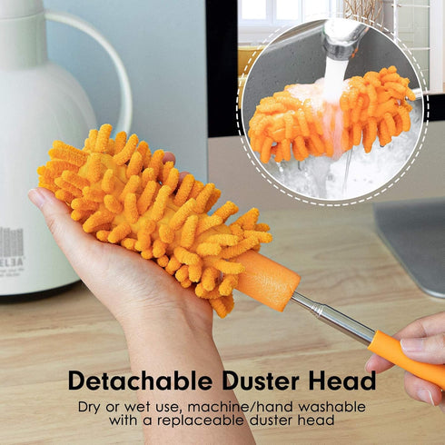 Microfiber Duster for Cleaning, Tukuos Hand Washable Dusters with 2pcs Replaceable Microfiber Head, Extendable Pole