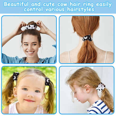 Xinnun 10 Pcs Cow Print Scrunchies, Cloth Hair Ropes for Women Girls, White and Black Hair Accessories for Cow Birthday
