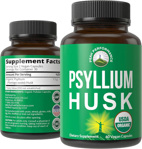 USDA Organic Psyllium Husk Vegan Capsules, Fiber Supplement for Gut Health and Digestion