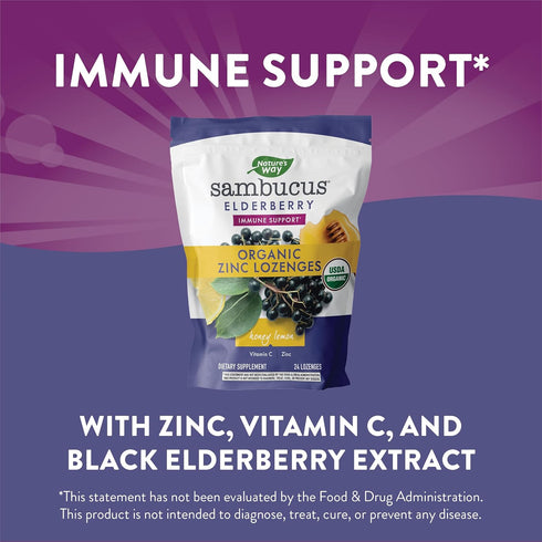 Nature's Way Sambucus Zinc Lozenges with Elderberry and Vitamin C, Honey Lemon Flavor, 24 Lozenges