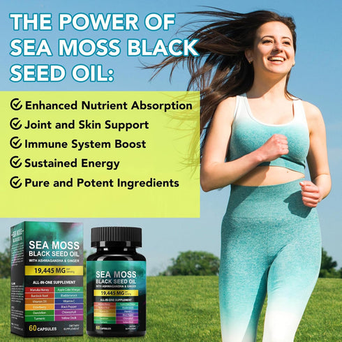 HUYEHF D3 Immunity 60 Count Sea Moss Black Seed Oil Ashwagandha Ginger, Sea Moss Capsule Supplement with Turmeric