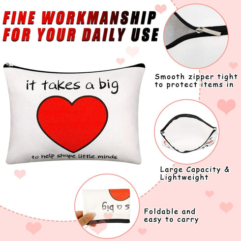 Weewooday 4 Pieces Teacher Gifts, Makeup Bags, Teacher Appreciation Gifts, Heart Pattern Cotton Pouch