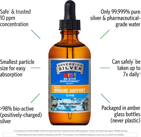 Sovereign Silver Kids Immune Support, Colloidal Silver Bio-Active Silver Hydrosol, 10 ppm Liquid Dropper, 4 Fl Oz