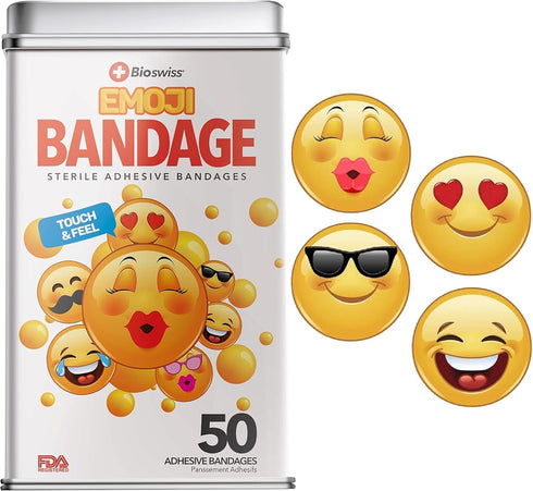 BioSwiss Emoji Shaped Bandages - Fun Self Adhesive Latex Free Sterile Wound Care for Kids, 50 Count First Aid Kit