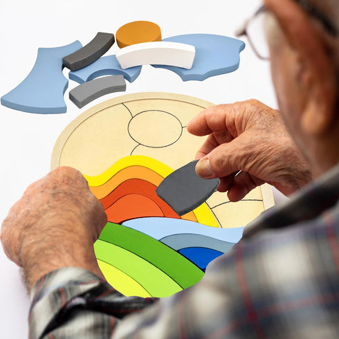 PHIELEY 20 Activities for Dementia Patients, Pieces Wooden Puzzles Game for Seniors, Colorful Hill Pattern Match