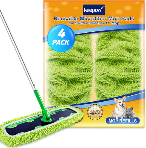 KEEPOW Reusable XL Mop Pads, Compatible with Swiffer XL Sweeper, 4 Pack Washable Microfiber Cloths for Surface/Hardwood
