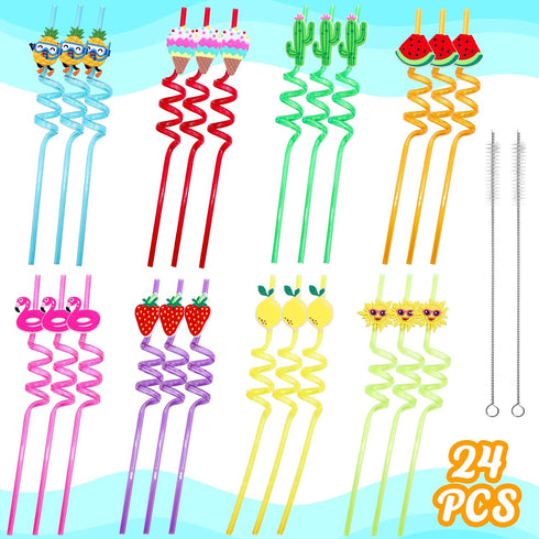 Summer 24 Pack Reusable Drinking Straws for Pool Party Decorations, Beach Fruit Party Favors, Hawaiian Themed Goodie