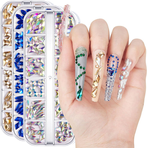 Multi Shapes 3D Glass AB Nail Art Rhinestones,Crystal Clear Flatback Rhinestones for Nails,with Storage Organizer Box,for Nail Art Crafts (1085 Pieces) (040-Aurora)