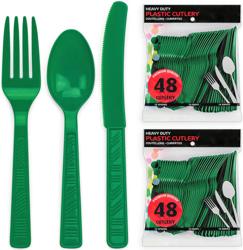 DecorRack Green Plastic Cutlery Set, 96 Piece Bulk Heavy Duty Utensils for Parties
