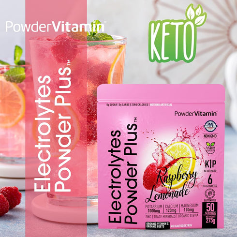 Electrolytes Powder Plus, 50 Servings, Raspberry Lemonade, Zero Calorie, 1000mg Potassium