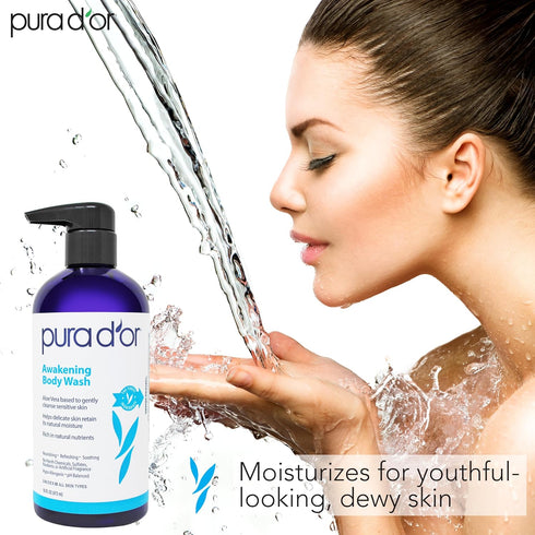 PURA D'OR Awakening Body Wash, 16oz with Aloe Vera, Lavender, and Natural Nutrients for All Skin Types