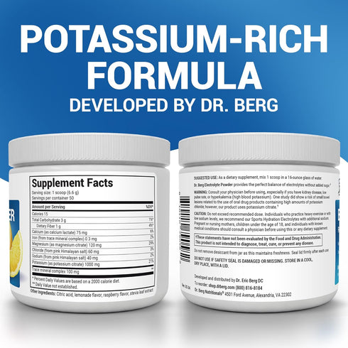 Dr. Berg Zero Sugar Hydration Keto Electrolyte Powder - Raspberry & Lemon Flavor - 50 Servings - 1000 mg Potassium &