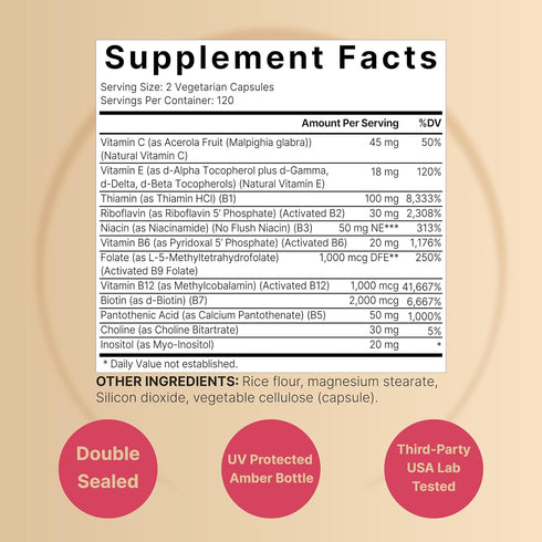 Vitamin B Complex for Women, 240 Veggie Capsules | Super Methylated B Vitamins | B 12, Folate, Biotin & More – with Natural Vitamin C, E, Choline, & Inositol – Immune, Energy, & Prenatal Support
