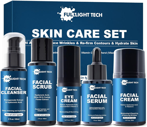Men's Anti Aging Skin Care Kit - Unique Gifts for Him with Facial Cleanser, Scrub, Cream, Serum, Eye Cream