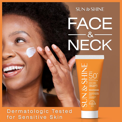 Sun&Shine 100% Mineral Sunscreen Zinc Oxide SPF50+ for Sensitive Skin, Fragrance Free Face Lotion, 1.7 Oz
