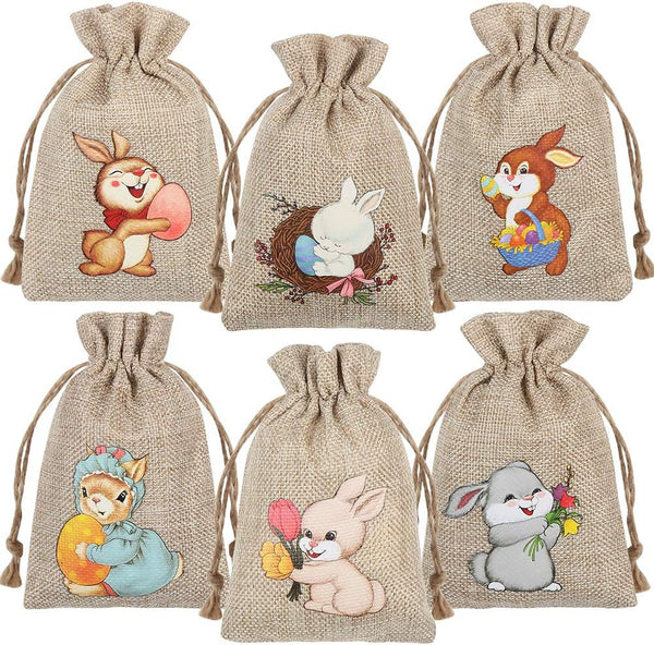 CCINEE 36PCS Easter Burlap Bags with Drawstring, Bunny Jute Goody Bags for Kids Party Favor Supply