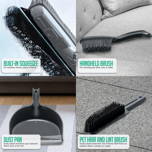 OVENTE Rubber Broom for Pet Hair Removal with Squeegee, Portable Lint Remover & Fur Brush Set, Grey