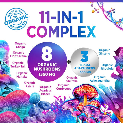 Mushroom Supplement Powder - 11 in 1 Complex Nootropic & Adaptogens Blend, Organic Mushrooms, 60 Servings