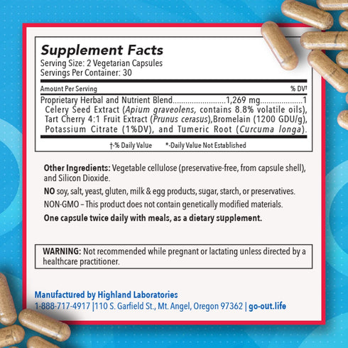 Mt. Angel Vitamins Go Out, Extra Strength Support, Uric Acid Balance, Tart Cherry, Celery Seed, Turmeric, Non-GMO,