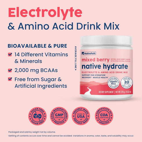 NativePath Native Hydrate Electrolytes Powder with BCAAs, Zero Sugar, Mixed Berry Hydration Powder, Keto & Paleo
