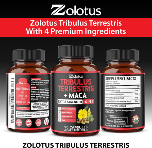 Zolotus Premium Tribulus Terrestris Capsules with Ashwagandha, Panax Ginseng & Maca, 90 Counts for 3 Months