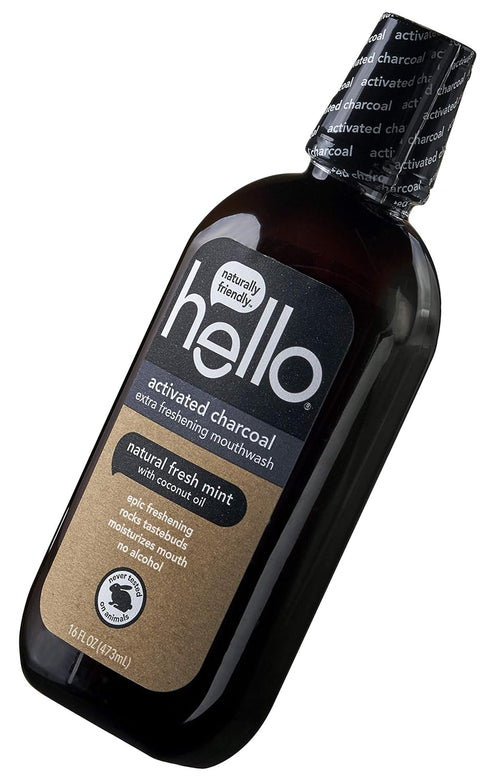 Hello Activated Charcoal Extra Freshening Mouthwash, Natural Fresh Mint and Coconut Oil, Fluoride Free, Alcohol Free,
