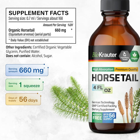 Horsetail Horsetail 660 4 Fl.Oz. 56 BIO KRAUTER Supplement for Hair, Skin & Nails - Vegan & Pure Herb Liquid Drops mg