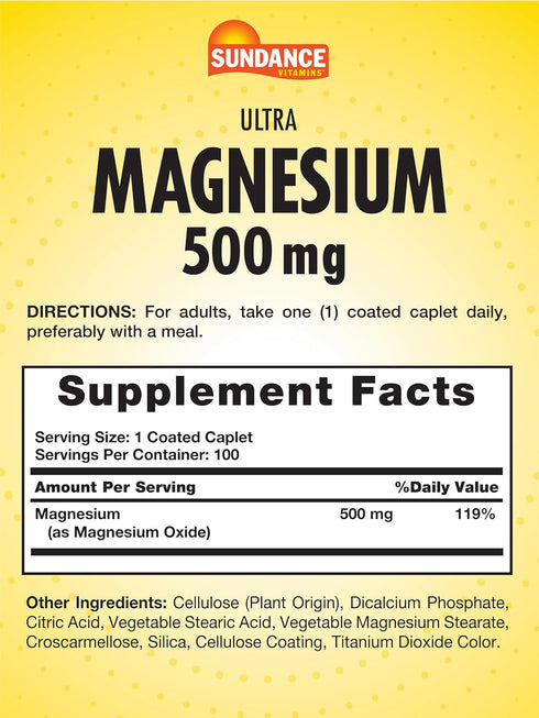 Magnesium Oxide 500mg | 100 Coated Caplets | Vegetarian, Non-GMO and Gluten Free Supplement | by Sundance