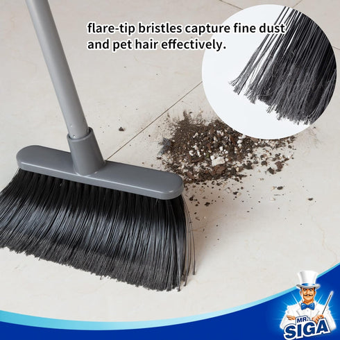MR.SIGA Gray Broom and Dustpan Set with Adjustable Long Handle, Upright Combo for Floor Cleaning Lobby
