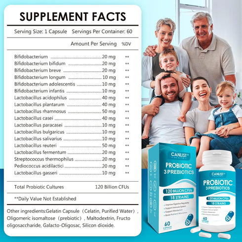 Probiotics 120 Billion CFUs 18 Strains, 3 Prebiotics & Digestive Enzymes for Men Women,Digestive & Immune Support,Shelf Stable Non-GMO 60 Vegetarian Capsules