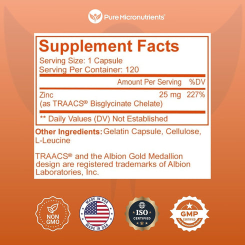 Pure Zinc Supplement, Natural Zinc Glycinate Supplements, (Chelated) 25mg, 120 - Pure Micronutrients