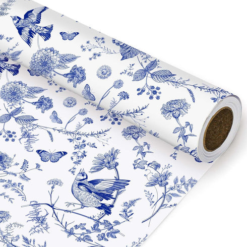 JarThenaAMCS Blue White Floral Wrapping Paper Roll, 17 Inch x 32.8 Ft Chinoiserie Flower Bird Gift Wrap Paper for Party