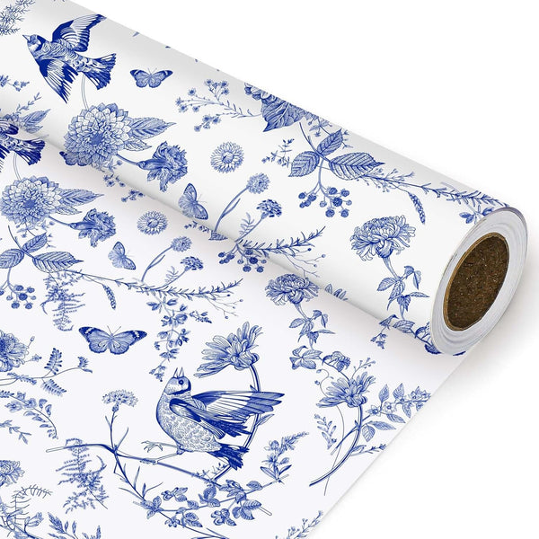 JarThenaAMCS Blue White Floral Wrapping Paper Roll, 17 Inch x 32.8 Ft Chinoiserie Flower Bird Gift Wrap Paper for Party