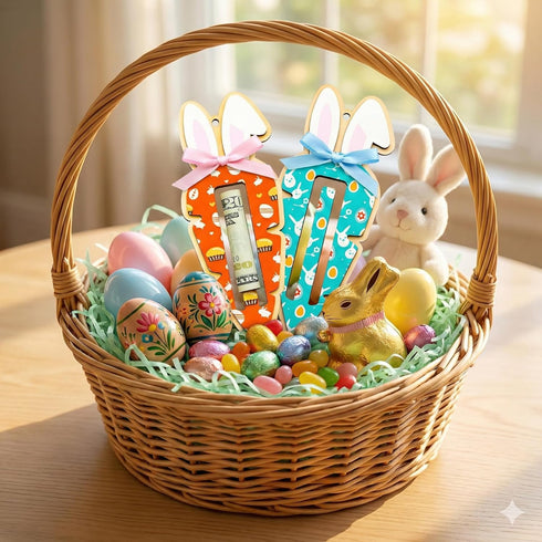 Set 2 LINHARA of Easter Money Holders for Cash, Bunny & Carrot Money Holder, Wooden Easter Bunny Money Holder for Kids