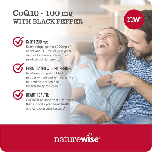 NatureWise CoQ10 100mg Softgels, High Absorption Antioxidant for Heart Health + Cellular Energy, Vegan, 30 Softgels