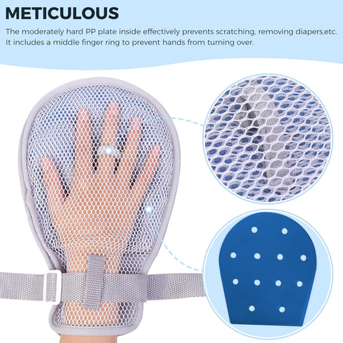 Medical Restraint mittens with Ties for Adults, Patients, Elderly, 2Pcs, Restraint Mitts Restraint Gloves with Built-in Grab Plate and Finger Ring, Anti Scratch and Dementia, Large Mesh